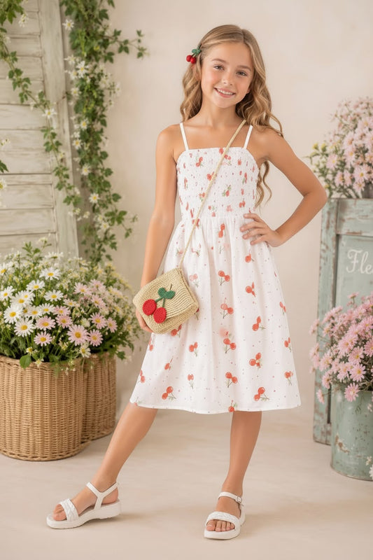 Vestido blanco cereza cartera beige
