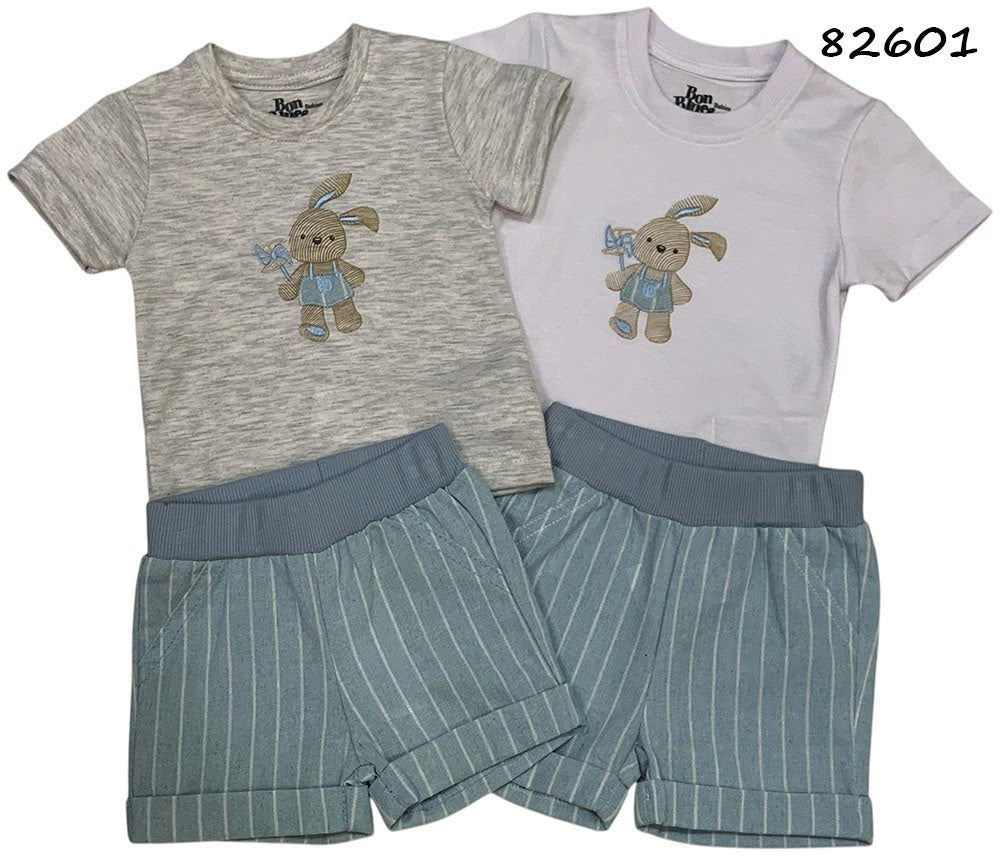 Set conjunto 2 piezas conejo camisa gris short azul  bebe niño 82601