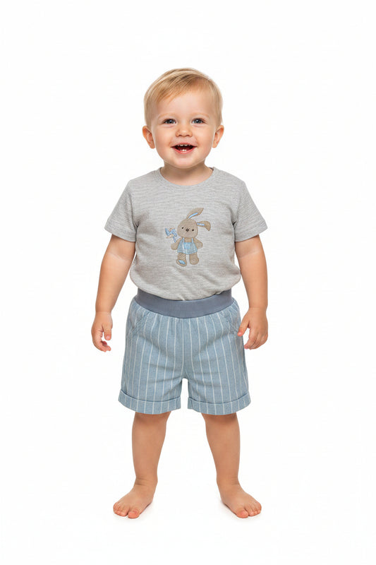 Set conjunto 2 piezas conejo camisa gris short azul  bebe niño 82601