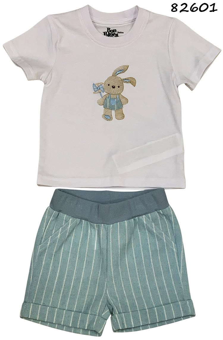 Set conjunto 2 piezas camisa conejo blanca short azul cuadros bebe niño 82601