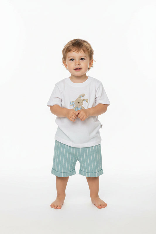 Set conjunto 2 piezas camisa conejo blanca short azul cuadros bebe niño 82601