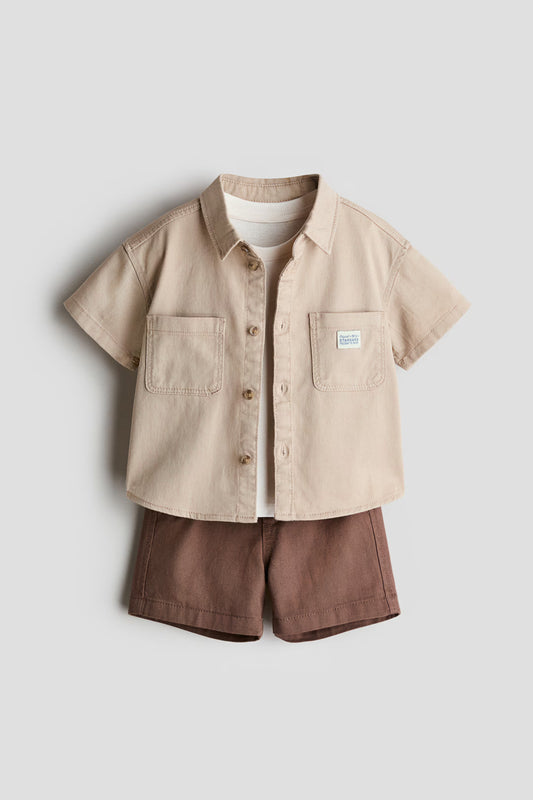 Set 3 piezas camisa beige short cafe bebe niño H&M 1134015005