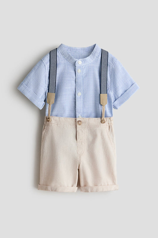 Set conjunto 2 piezas camisa azul short beige tirantes bebe niño H&M 1270889003