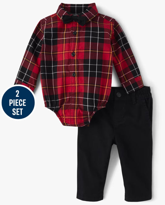 Set 3 piezas bebe niño childrens place camisa cuadros roja corbatin 25427184
