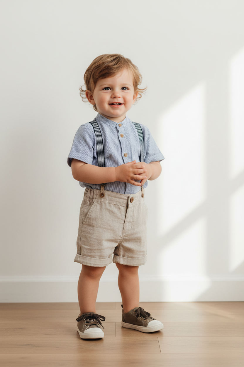 Set niño H&M formal tirantes camisa azul short beige