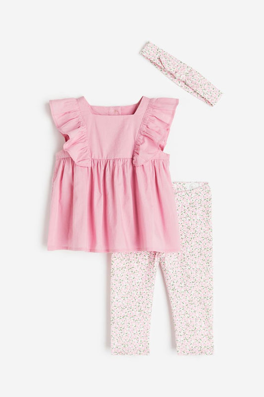 Set 3 piezas camisa rosada leggins diadema H&M bebe niña