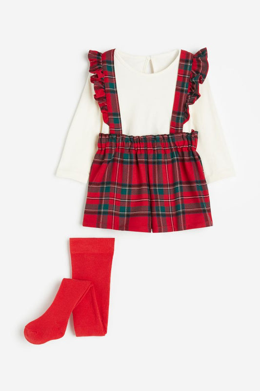 Set 3 piezas Overall rojo cuadros con mameluco H&M niña bebe 98264304
