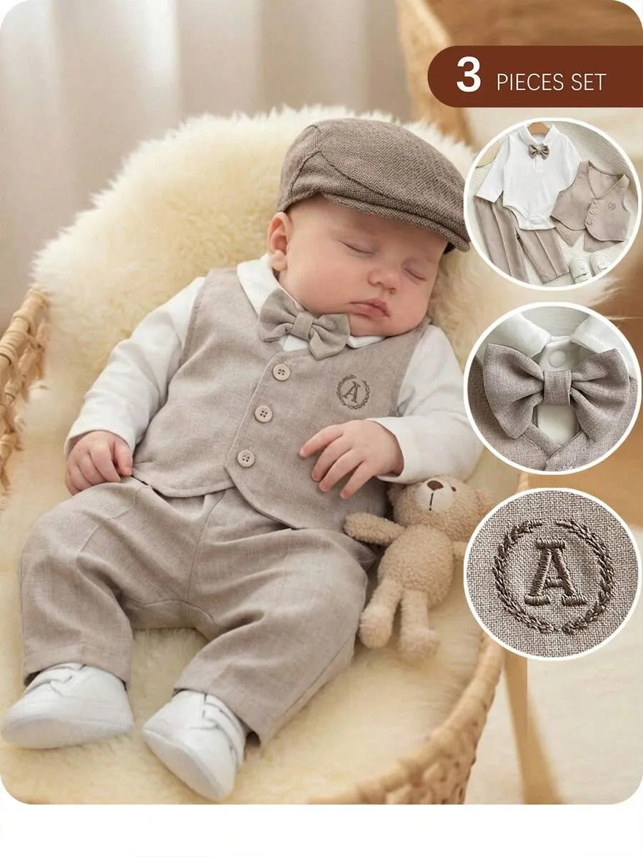 Set 3 piezas camisa blanca chaleco pantalon beige bebe niño sa25101477058779311