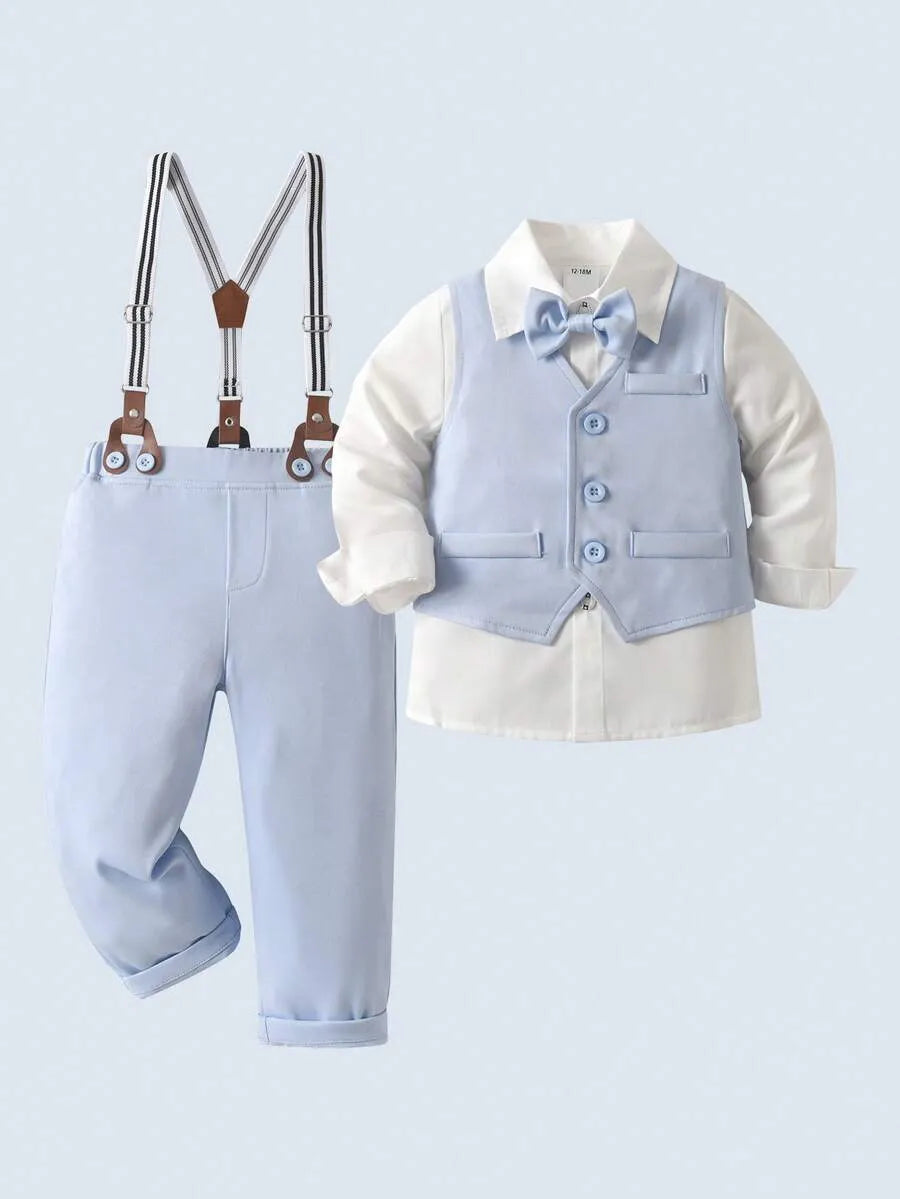 Set 3 piezas camisa blanca corbata moño chaleco pantalon azul celeste niño sa2403013717176651