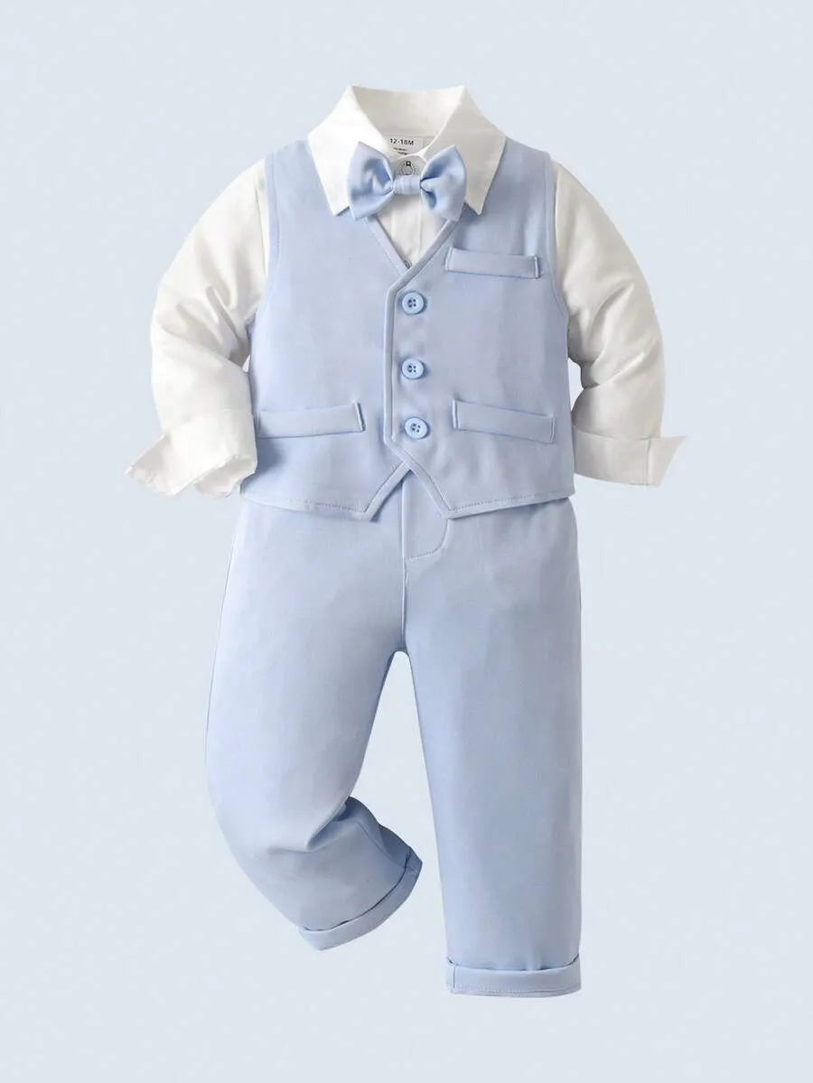 Set 3 piezas camisa blanca corbata moño chaleco pantalon azul celeste niño sa2403013717176651