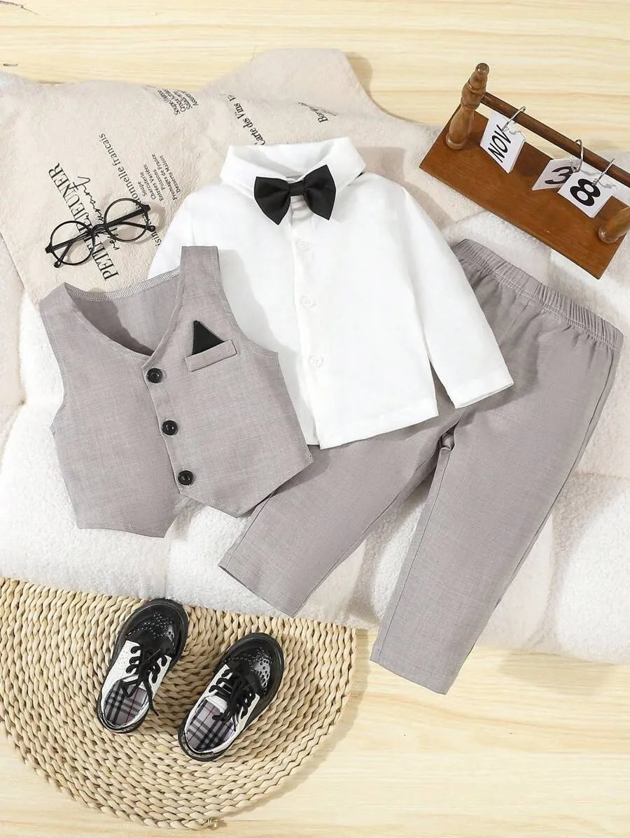 Set 3 piezas camisa chaleco blazer pantalon gris blanco bebe niño sa25070814138611557