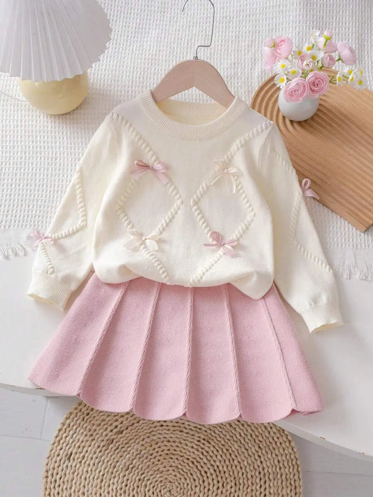 Set conjunto 2 piezas camisa sueter beige chongo falda rosada niña sk25091504574955047