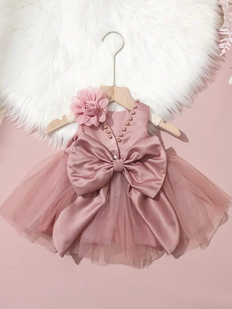 Set 2 piezas vestido gala diadema rosado bebe niña sa25080822654259155
