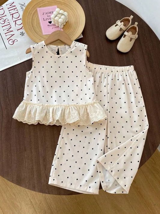 Set conjunto puntos polka dot camisa pantalon blanco ivory niña sk251130758077069868