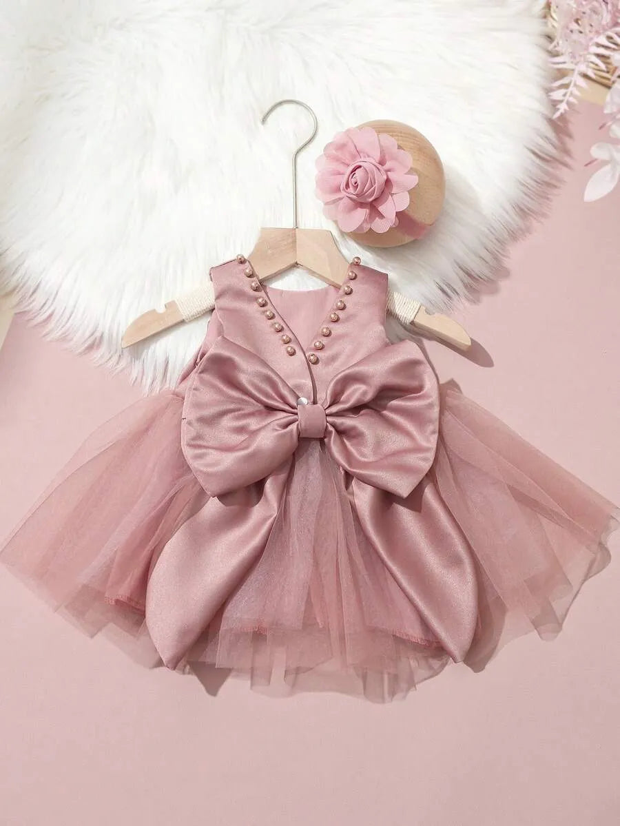Set 2 piezas vestido gala diadema rosado bebe niña sa25080822654259155