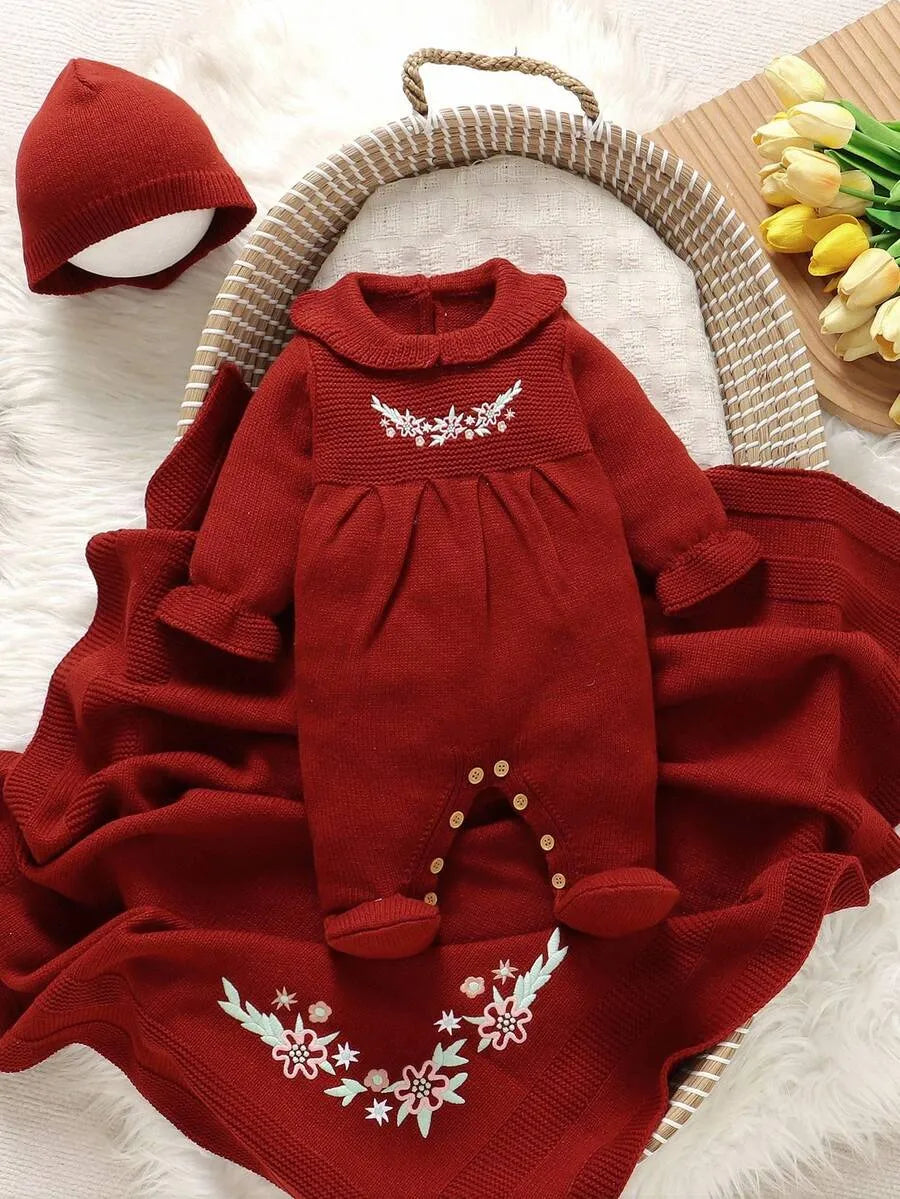 Set 3 piezas mameluco sabana gorro rojo ocre bebe niña sa25082660211495819 salida hospital