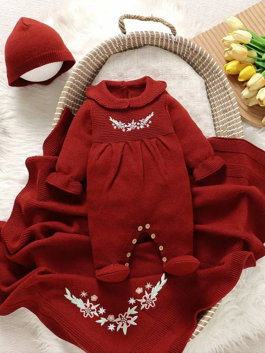 Set 3 piezas mameluco sabana gorro rojo ocre bebe niña sa25082660211495819 salida hospital