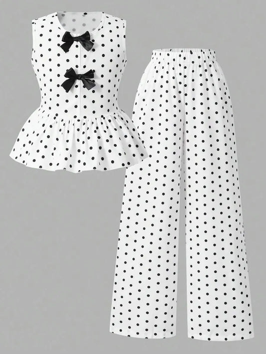 Set conjunto 2 piezas puntos polka dot camisa pantalon chongo negro niña sk260513135224509959379