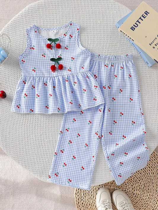 Set conjunto 2 piezas camisa pantaloneta azul cereza niña sk251125954211538080