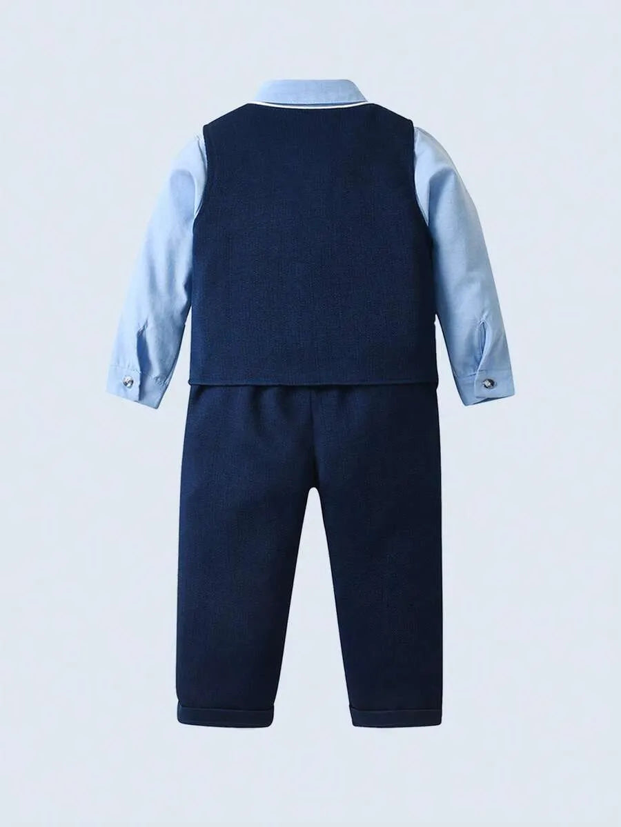 Set 3 piezas camisa azul celeste corbata moño chaleco pantalon azul oscuro niño sa2409146521911292