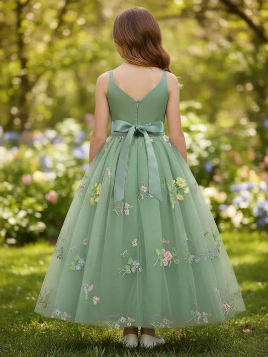 Vestido verde niña gala evento flores sk25070397888752936