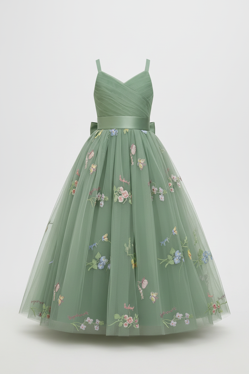 Vestido verde niña gala evento flores sk25070397888752936
