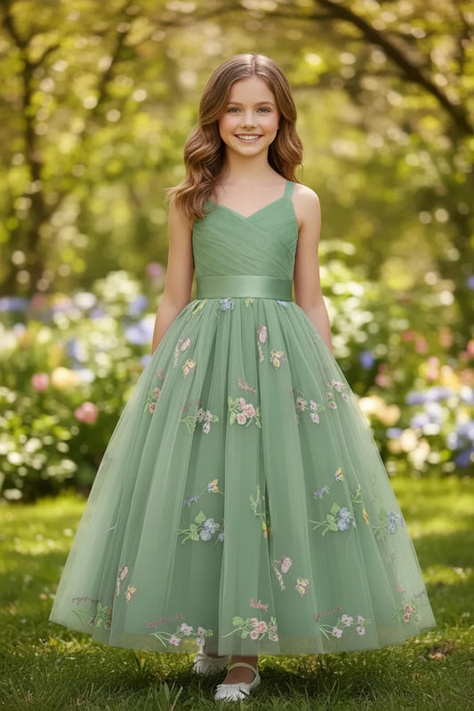 Vestido verde niña gala evento flores sk25070397888752936