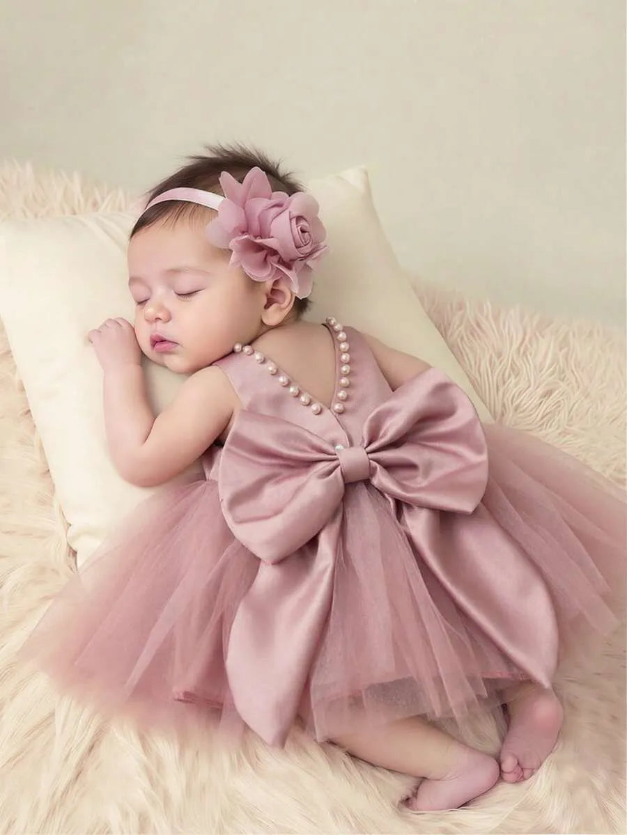Set 2 piezas vestido gala diadema rosado bebe niña sa25080822654259155