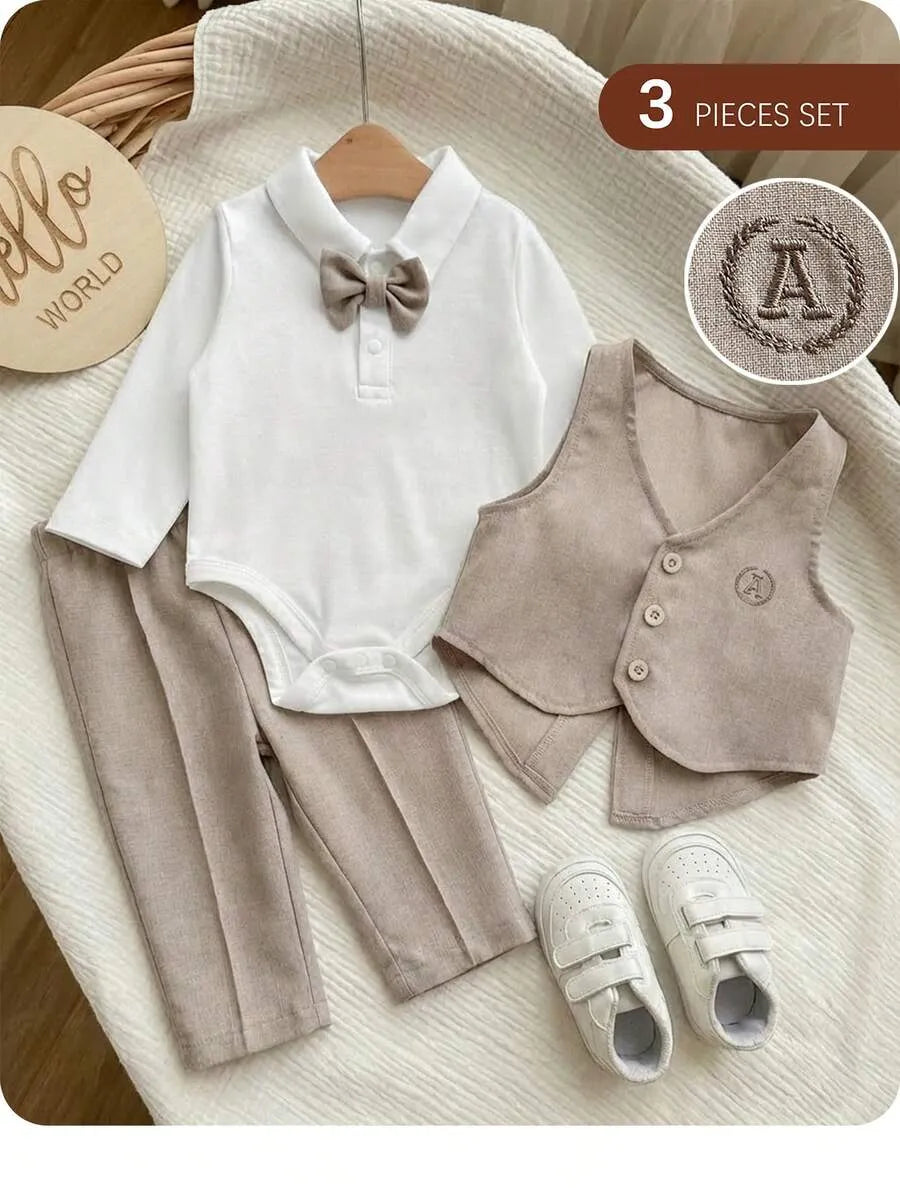Set 3 piezas camisa blanca chaleco pantalon beige bebe niño sa25101477058779311