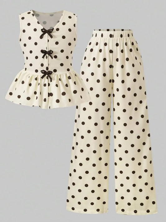 Set conjunto 2 piezas puntos polka dot camisa pantalon chongo cafe beige niña sk260625165685045771848