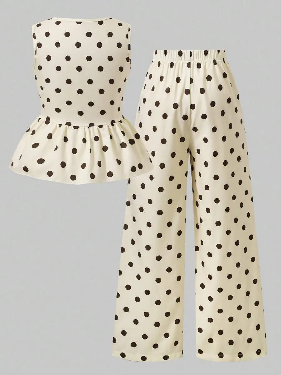 Set conjunto 2 piezas puntos polka dot camisa pantalon chongo cafe beige niña sk260625165685045771848