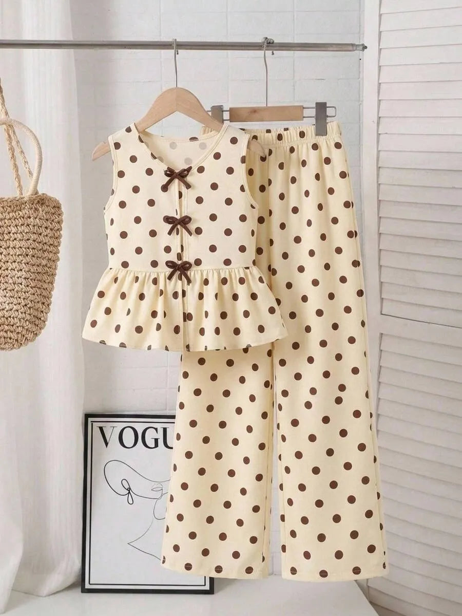 Set conjunto 2 piezas puntos polka dot camisa pantalon chongo cafe beige niña sk260625165685045771848