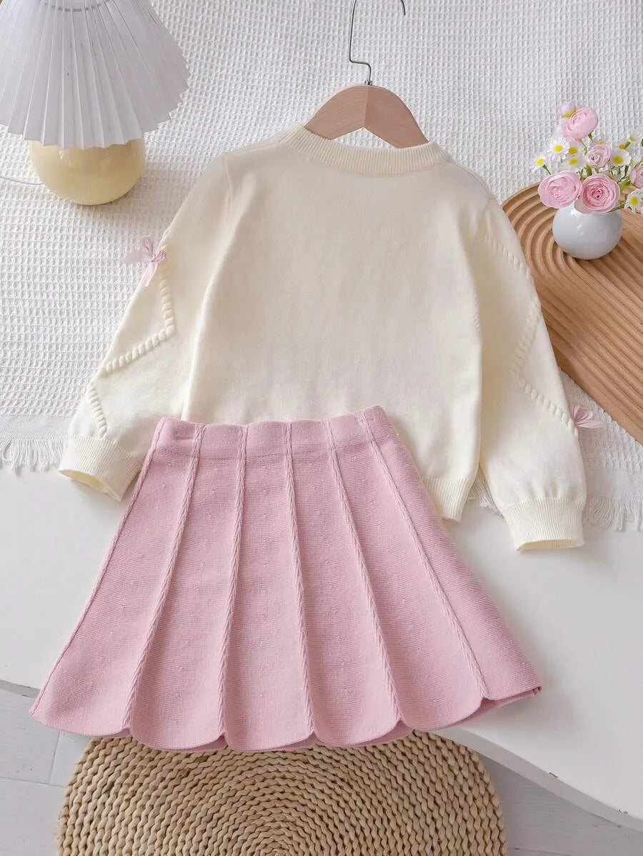 Set conjunto 2 piezas camisa sueter beige chongo falda rosada niña sk25091504574955047