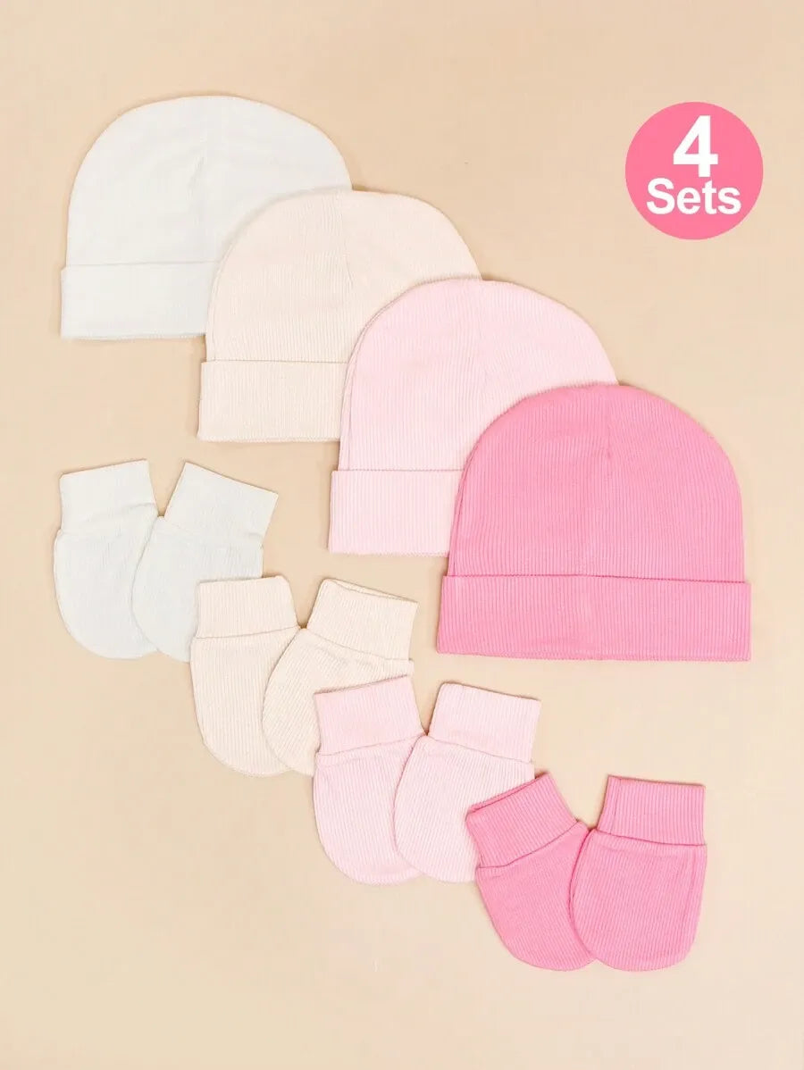 Set 4 gorros calcetines bebe niña rosado blanco beige salida hospital sk2407050554111665