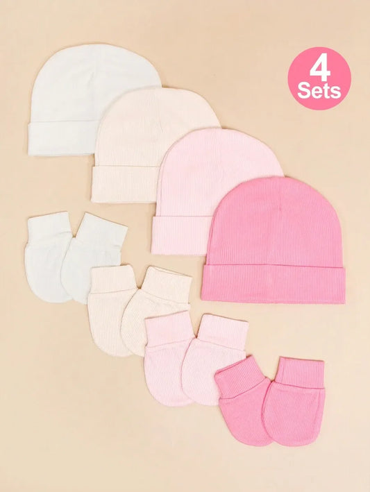 Set 4 gorros calcetines bebe niña rosado blanco beige salida hospital sk2407050554111665