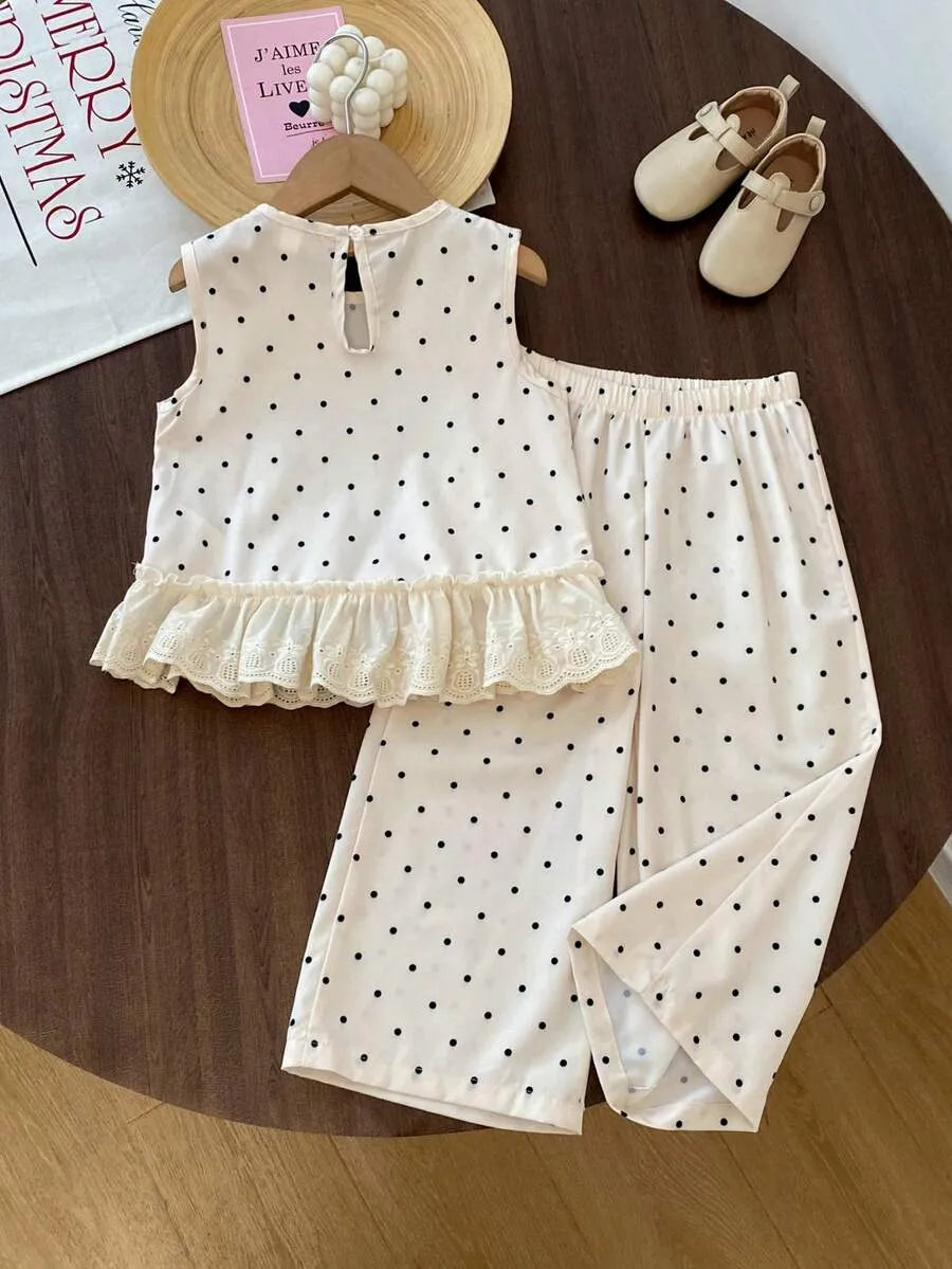 Set conjunto puntos polka dot camisa pantalon blanco ivory niña sk251130758077069868