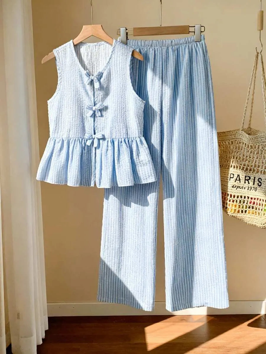 Set conjunto 2 piezas camisa pantalon azul blanco niña sk25030376677685212