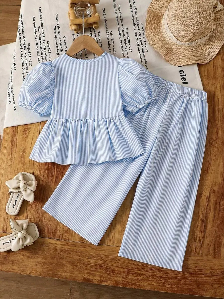 Set conjunto 2 piezas camisa pantalon azul celeste rayas niña sk251202494449452165