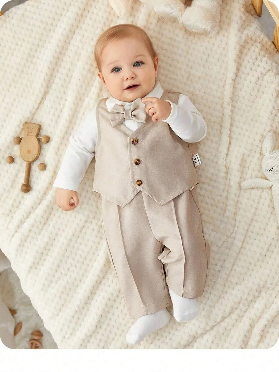 Set 3 piezas chaleco beige camisa mameluco blanco pantalon beige bebe niño sa2407150788728882