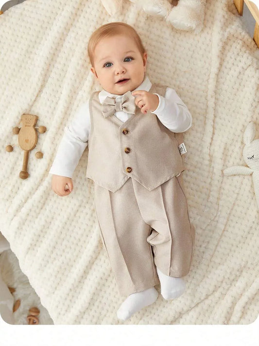 Set 3 piezas chaleco beige camisa mameluco blanco pantalon beige bebe niño sa2407150788728882