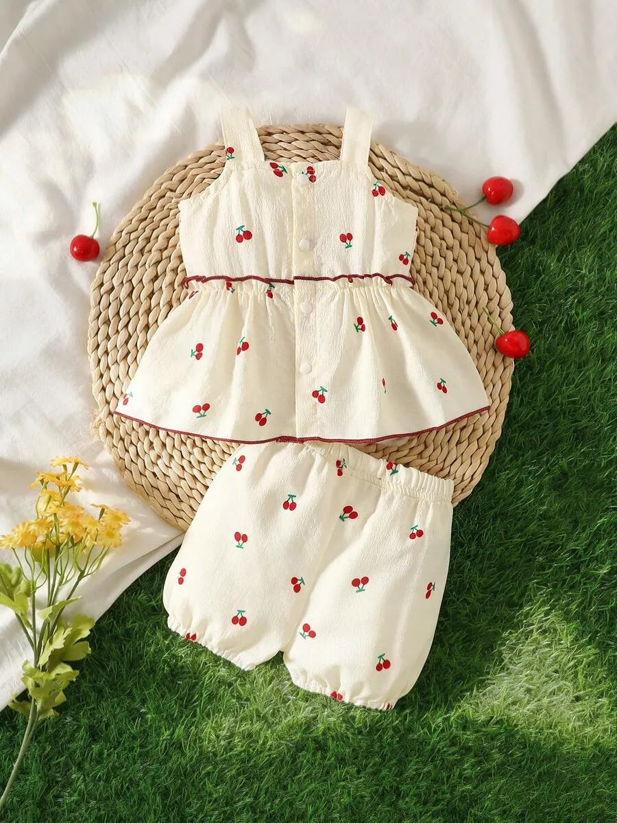 Set conjunto 2 piezas camisa short beige cerezas bebe niña sa260108100594078278445