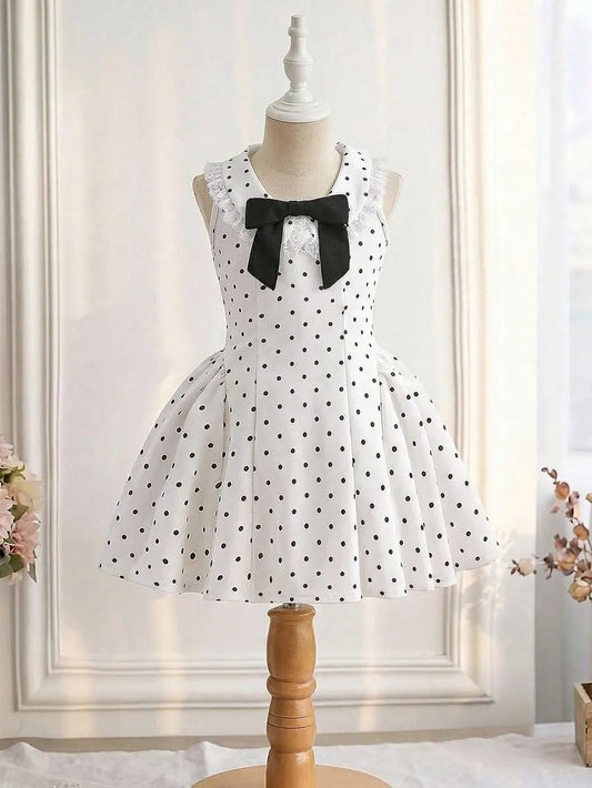 Vestido puntos polka dot blanco chongo negro niña sk260314170821379331038