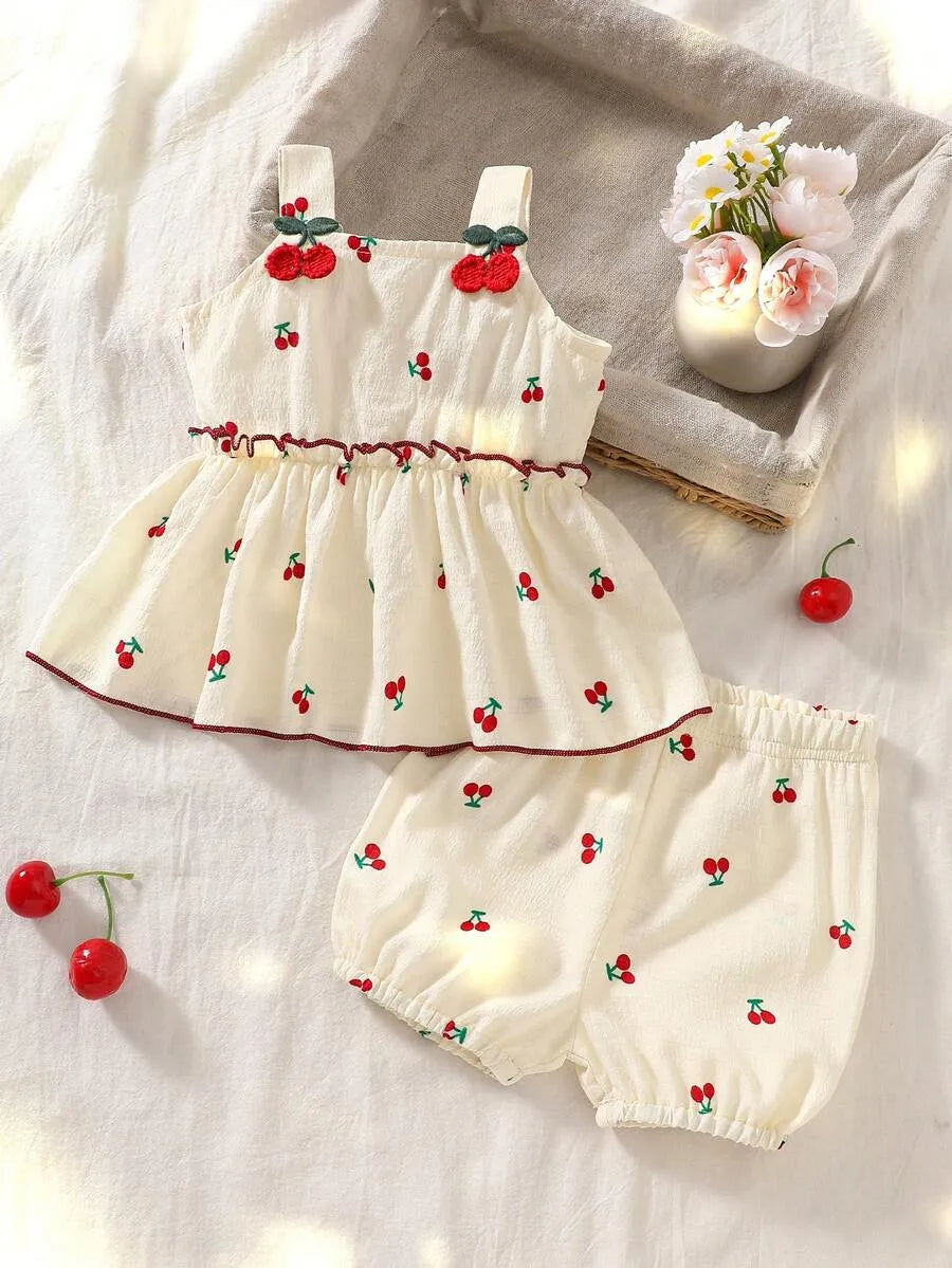 Set conjunto 2 piezas camisa short beige cerezas bebe niña sa260108100594078278445