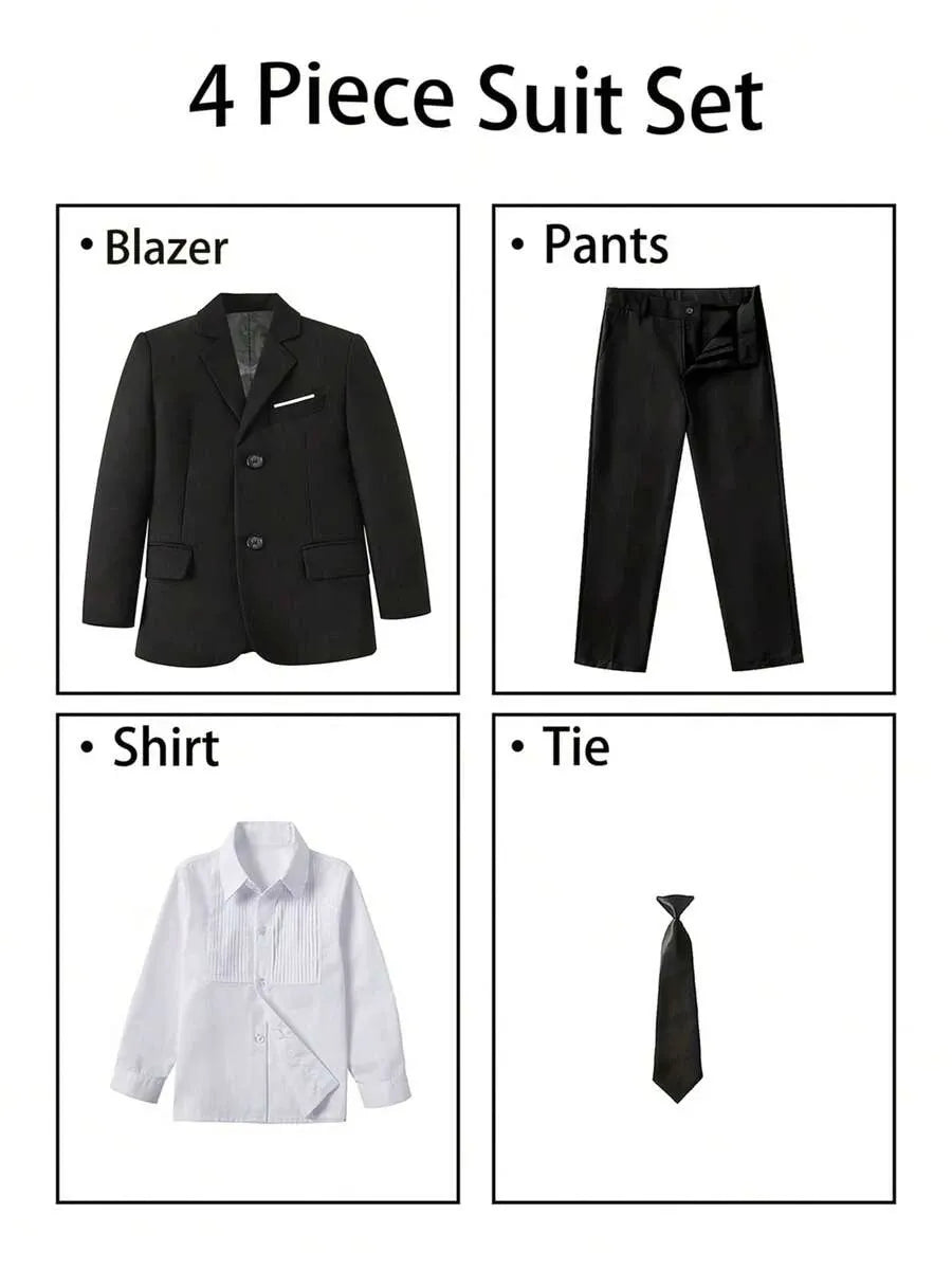 Set 4 piezas camisa blanca saco blazer negro pantalon negro corbata negra niño
