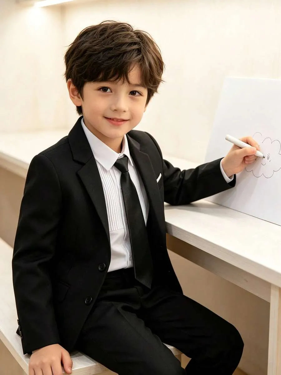 Set 4 piezas camisa blanca saco blazer negro pantalon negro corbata negra niño