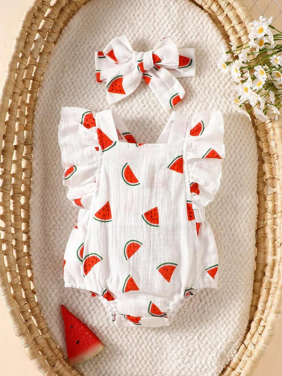 Set conjunto 2 piezas mameluco diadema blanco sandia bebe niña sa260428142739755593357