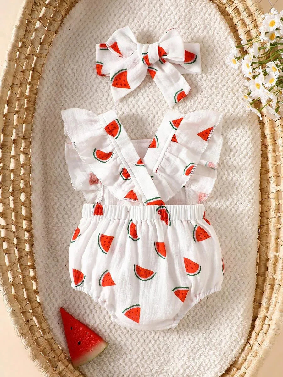 Set conjunto 2 piezas mameluco diadema blanco sandia bebe niña sa260428142739755593357