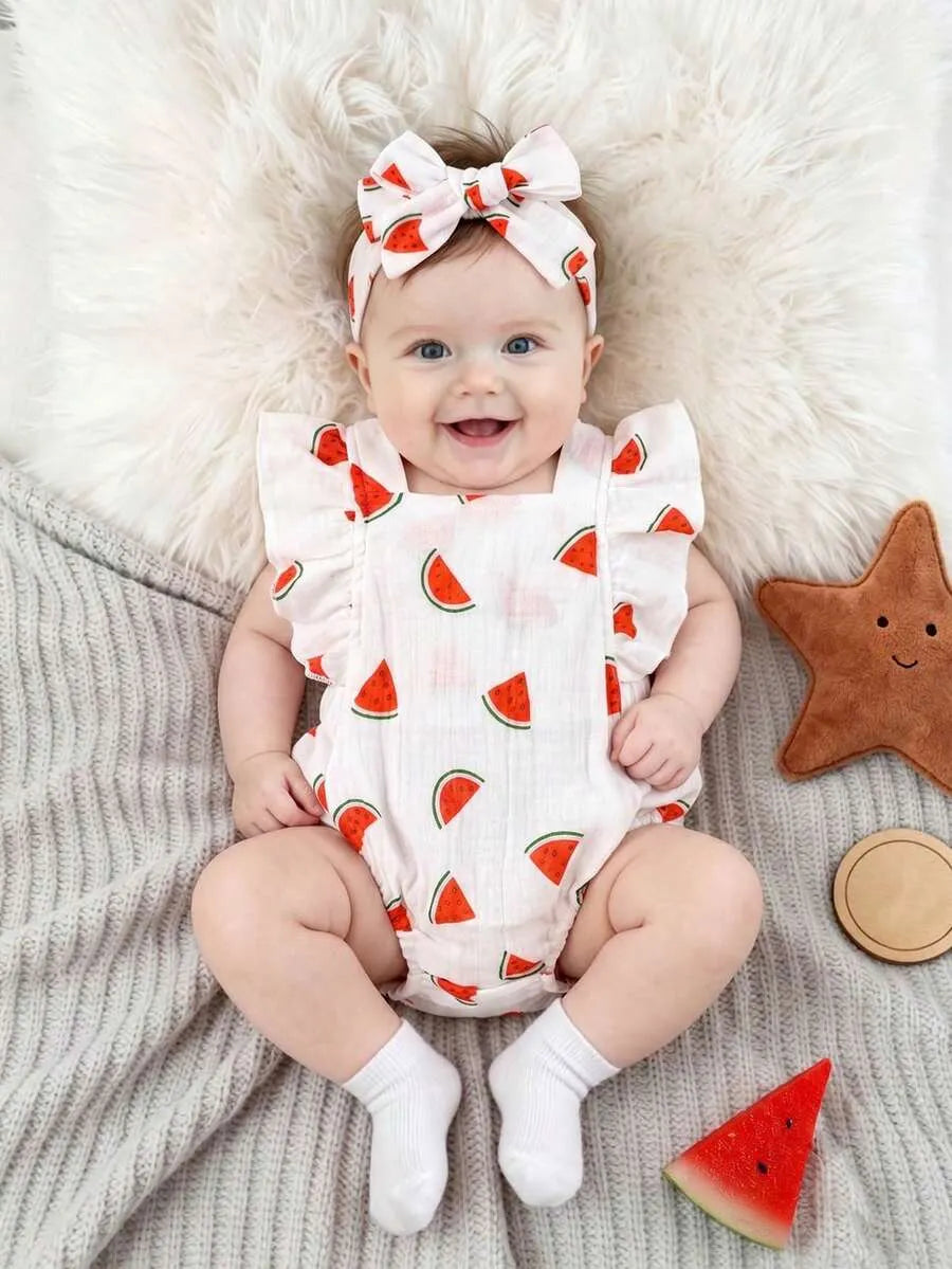 Set conjunto 2 piezas mameluco diadema blanco sandia bebe niña sa260428142739755593357
