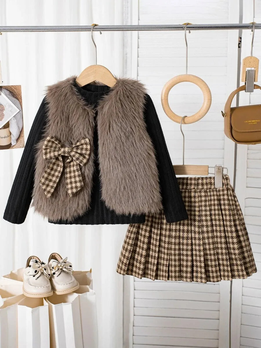 Set 3 piezas chaleco camisa negra falda cuadros beige cafe niña sk260715183283471519370