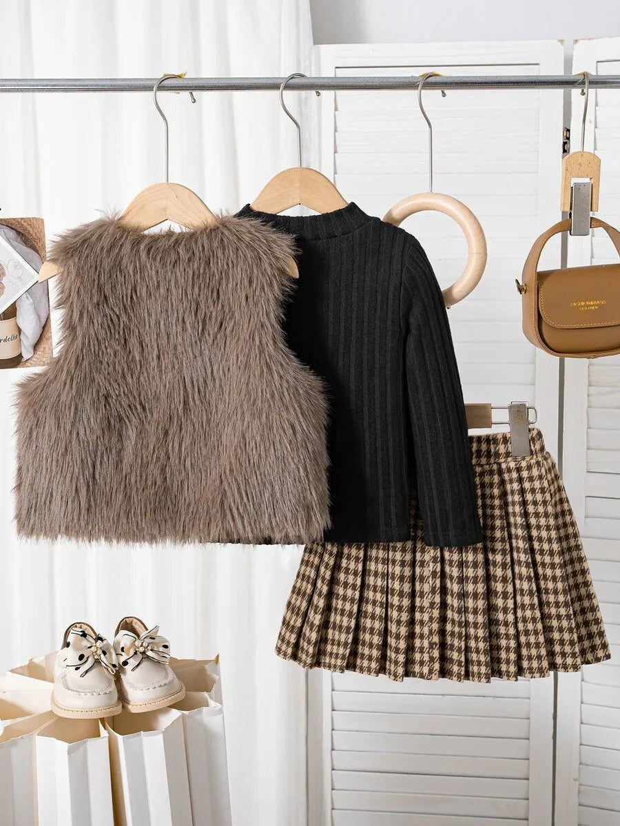 Set 3 piezas chaleco camisa negra falda cuadros beige cafe niña sk260715183283471519370